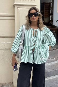 Laced Up Shirt, Streetwear Aesthetic, Puff Long Sleeves, Bow Blouse, Peplum Blouse, Puff Sleeve Blouse, Elegant Shirt, Round Neck Tops, Front Tie Top