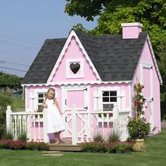 Little Cottage Co. The Victorian Playhouse Let your child's imagination fly and open it to endless possibilities! The Little Cottage Co. Victorian Playhouse is a charming retreat your child will love. Encourage the imagination with this durably built house, designed to withstand weather elements while adding a beautiful element of classic Victorian design to your backyard. Indulge your little princesses with the timeless beauty of the Victorian Playhouse. Featuring elegant gingerbread trim and a Victorian Playhouse, Play Houses Diy, Pink Places, Playhouse Plan, Kids Indoor Playhouse, Playhouse Kits, Wood Playhouse, Playhouse Plans, Indoor Playhouse