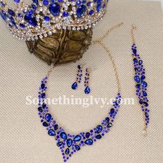 "*Please note this item is final sale and cannot be returned. If you have questions about the returns or our policy, please see the F.A.Q section everything is updated and correct.  Thanks in advance* ❤Shop with us online at - https://SomethingIvy.com/❤ Fast Ship - 2.5\" Blue & Gold Tiara with Sapphire Blue Stones -  Gold High Tiara -  Gold Crown with Royal Blue Stones - Quince Gold Crown Matching Necklace and Earrings included for the Necklace Set #1 on the main Photo Necklace Set # in 2nd Phot Royal Blue Jewelry For Wedding, Quince Jewelry, Quinceanera Blue, Royal Blue Quince, Tiara Gold, Blue Quince, Gold Tiara, Royal Blue And Gold, Blue Stones