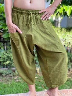 "Male Model Tall 5'9\" Waist 34\" Samurai Pants - elastic waistband and cuffs - Fits all! Unisex pants These beautiful casual pants are unique & comfortable to wear Handmade with a very lovely pattern, it is easy to wear and great for many occasions. One size fits most. These pants are great for many different activities like traveling, dancing, going to festivals, rock climbing, yoga, meditation, massage, working out, martial arts, Taichi MATERIAL: 100% Cotton APPROX MEASUREMENT: Waist: 24\ Casual Harem Yoga Pants, Casual Ankle-length Harem Yoga Pants, Casual Ankle-length Harem Pants For Yoga, Ankle-length Relaxed Fit Solid Harem Pants, Casual Harem Parachute Pants For Yoga, Casual Harem Bottoms With Side Pockets, Casual Harem Pants For Yoga, Comfortable Relaxed Fit Harem Pants, Casual Relaxed-fit Harem Pants