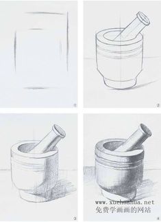 four different drawings of mortars and pestles