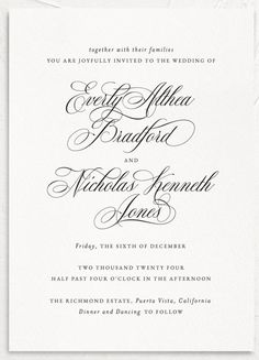 an elegant wedding card with the wording and calligraphy on it in black ink