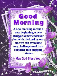 a card with purple flowers on it and the words'good morning'written in white