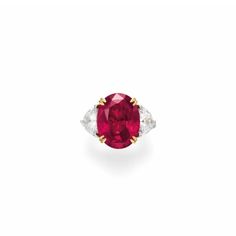 Set with an oval-cut red spinel, weighing approximately 10.39 carats, flanked on either side by a half moon diamond, mounted in platinum and 18k gold Half Moon Diamond, Red Spinel, Jewels Rings, Half Moon, Oval Cut, Windsor, Diamond Ring