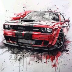 a painting of a red sports car with black and white paint splattered on it