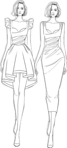 a drawing of two women in dresses