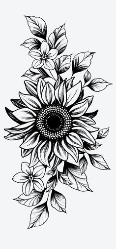 a black and white drawing of a sunflower with lots of leaves on the petals