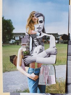 a collage of two people standing next to each other in front of a house