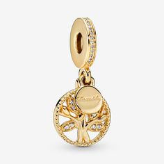 This 14k gold-plated Sparkling Family Tree Dangle Charm represents how families are connected through many generations. The golden hue and the stone-encrusted leaves create a radiant effect to embellish your choice of bracelet or chain. Pandora Sparkling Family Tree Dangle Bracelet Charm | 14k Gold | 768661C01 Pandora Family, Pandora Gold, Charms Pandora, Bracelet Pandora, Pandora Bracelet Charms, Pandora Charm, Pandora Bracelets, Dangle Charms, Gull