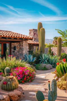 a cactus garden in front of a house