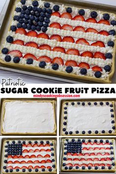 patriotic sugar cookie fruit pizza with blueberries and strawberries in the shape of an american flag