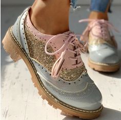 Casual Leather Lace up Patchwork Oxford Shoes sold by KoKo Fashion on Storenvy Light Blue Shoes, Chunky Heeled Boots, Chunky Heel Booties, Brogue Shoes, Casual Flat Shoes, Retro Shoes, Silver Shoes, Casual Flats, Lace Up Heels