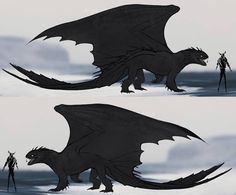 two images of a black dragon standing in the snow, one with its wings spread