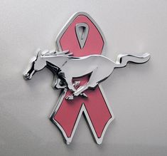 a pink ribbon with a horse on it is hanging from the side of a car