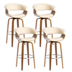 four modern bar stools with wooden legs