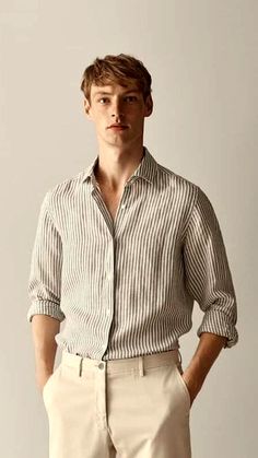 Discover stylish casual outfits for the office. Upgrade your work wardrobe with comfortable yet professional looks that blend fashion and functionality! Pink Dress Shirt Men, Office Old Money, Linen Shirt Outfit, Old Money Fashion, Minimalist Moda, Sophisticated Office, Chique Outfit, Shirt Outfit Men, Money Fashion