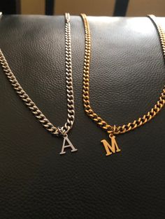 "Men's Gold Letter Pendant Necklace, Silver Cuban Chain Initial Choker, Waterproof, Personalized Gift for Him, Boyfriend, Husband, Dad, Son, Brother, 5mm Stainless Steel tarnish free jewelry for a couple  The personalized initial necklace is made by high quality material with our best care , which is a perfect gift for men. I also have 3mm or 7mm Cuban chain (Letter size will be the same for all sizes of the chains) *Materials: Stainless Steel * Colors: Gold, Silver PVD Coating Technology to mak Silver Cuban Chain, Gold Letter Pendants, Chain Letter, Pvd Coating, Pendant Necklace Silver, Letter Pendant Necklace, Dad Son, Gold Letter, Personalised Gifts For Him