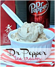 a bowl of ice cream next to a can of dr pepper