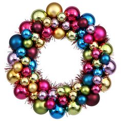 a colorful christmas ornament wreath on a white background