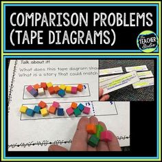 a hand is holding some colored blocks and pointing to them with the words comparison problems tape diagrams