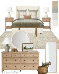 a bedroom is shown with neutrals and greens in the color scheme, along with accessories