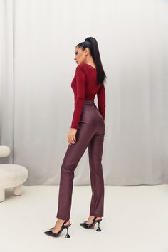 High Waisted Eco Leather Cigarette Bordo Trousers | VICLAN Female Portraits, Fabric Structure, Winter Fashion Outfits, Model Height, Winter Fashion, Jumpsuit, Trousers, High Waisted, Fashion Outfits