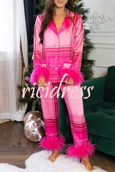 Christmas Besties, Pink Pajama, Shirt Collar Styles, Lounge Party, Pyjama Satin, Pajama Suit, Feather Trim, Weave Style, Casual Suit