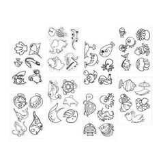 an assortment of cartoon animals and fish stickers on a white background with black ink