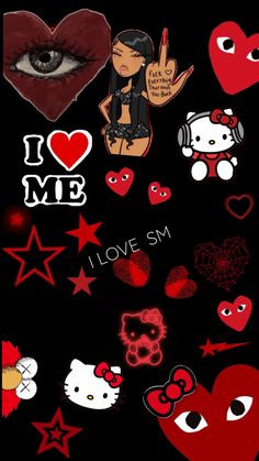 i love me stickers on a black background with hearts and stars around the eyes