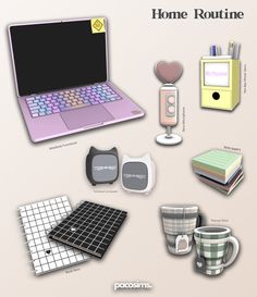 a computer and other items are shown in this graphic style, including coffee mugs