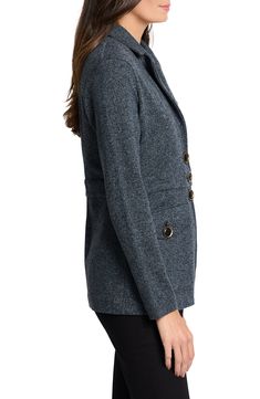 Golden bezeled buttons elevate this polished longline blazer. 28" length Front button closure Notched lapels Chest pocket; front button-flap patch pockets Unlined 51% cotton, 26% viscose, 12% recycled polyester, 11% nylon Machine wash, dry flat Imported Classic Double-breasted Blazer With Buttoned Pockets, Long Coat Blazer Dress With Buttons For Work, Notch Lapel Fitted Blazer With Buttoned Pockets, Fall Workwear Sport Coat With Button Closure, Office Sport Coat With Button Closure, Fall Sport Coat With Button Closure For Work, Button-up Sport Coat With Buttoned Pockets For Work, Winter Business Casual Blazer Dress, Classic Sport Coat With Buttoned Pockets For Work