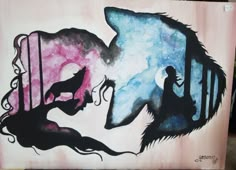 a painting of two women facing each other in front of a wolf's head