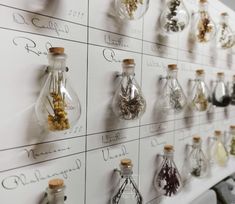 a wall with many different types of bottles hanging on it's sides and writing on the walls behind them