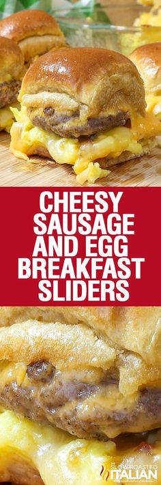 cheesy sausage and egg breakfast sliders on a cutting board with text overlay