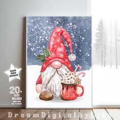 a christmas card with a gnome holding a mug