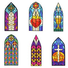 six stained glass windows with different designs and colors, each depicting a cross on the left side