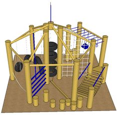 an image of a play area with swings and climbing bars on the ground, including tire tires