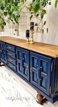 a large blue cabinet with gold handles and knobs on the doors is next to a potted plant