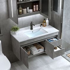 a bathroom with a sink, mirror and shelves in it's center area is shown