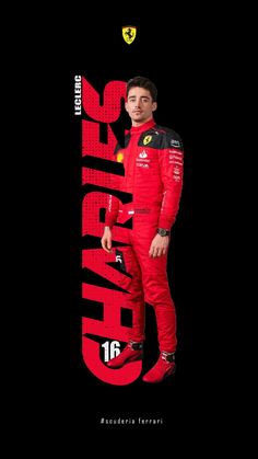 a man in a red racing suit standing next to a black background with the words ferrari on it