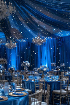 a banquet room with blue and white decor