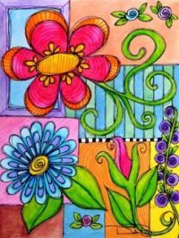 an artistic drawing of flowers and leaves on colored blocks with swirly lines in the background