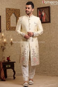 Latest Pakistani Cream Sherwani for Groom Online Backside view Designer Bandhgala With Resham Embroidery In Raw Silk, Designer Raw Silk Sherwani For Transitional Season, Designer Raw Silk Sherwani With Resham Embroidery, Designer Traditional Wear With Zari Work In Jamawar, Designer Raw Silk Sherwani With Dabka, Designer Raw Silk Bandhgala With Intricate Embroidery, Designer Sherwani With Zari Work On Raw Silk, Designer Raw Silk Sherwani With Zari Work, Designer Sherwani With Intricate Embroidery In Raw Silk