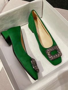 Fashionable Classic Suede Chunky Heel Square Toe Pumps With Full Rhinestone Buckle Detailing For Women Green Preppy    Plain    Women Shoes, size features are:Bust: ,Length: ,Sleeve Length: Apricot Heels, Hak Tinggi, Mid Heel Shoes, Suede High Heels, Pink Heels, Heel Type, Mid Heel, Womens High Heels, Jumpsuits For Women