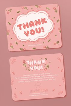 two thank cards with pink flowers and green leaves on them, one has the words thank you