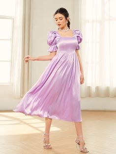 Lilac Purple Glamorous Collar Short Sleeve Satin Plain A Line Embellished Non-Stretch All Women Dresses Satin Frocks For Women, Frock Models For Women, Lilac Dress Outfit, Lilac Satin Dress, Fly Shi Only, Frock Designs For Women, Frocks For Women, Frock Models, Elegant Silk Dresses