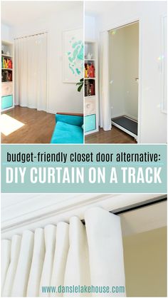 a white room with blue accents and text that reads budget friendly closet door alternative diy curtain on a track