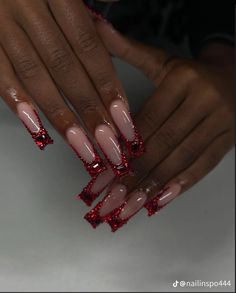 Nail Designs Bday, Red Acrylic Birthday Nails, Red Diamond Nail Designs, Medium Red Nails Design, Black Birthday Set Nails, Red Nails For Sweet 16, Red 21st Birthday Nails, Red Nails Birthday Set, Red Nails For Hoco