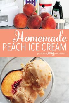 homemade peach ice cream with fresh peaches in the background