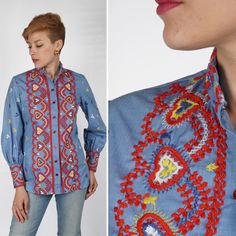 "S T R A I G H T T A L K ▲ Circa: 1970s ▲ Tag: I.Magnin ▲ Material: Cotton Chambray ▲ Condition: Very Good D E T A I L S ▲ Lightweight smooth cotton button-up with colorful embroidered floral patterns (looks machine done) ▲ Large cuffs, 3 buttons each ▲ Mandarin/Nehru collar ▲ Not lined ▲ Button-up front, red buttons C O N D I T I O N ▲ Very Good S I Z I N G ▲ Would probably fit a size SMALL best, tag indicates it a vintage size 10 Bust: 36\" Waist: 34\" Shoulder to hem (shirt length): 27\" Shou Retro Spring Tops With Button Cuffs, Retro Embroidered Button-up Top, Retro Floral Embroidered Button-up Top, Vintage Long Sleeve Top With Multicolor Embroidery, Vintage Embroidered Button-up Shirt, Retro Embroidered Shirt For Spring, Vintage Embroidered Spring Shirt, Vintage Embroidered Fall Shirt, Vintage Embroidered Tops For Fall